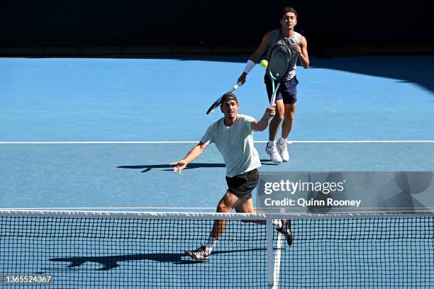 Alex Bolt of Australia plays a shot in his round one doubles match against Nick Kyrgios and Thanasi Kokkinakis during day three of the 2022...