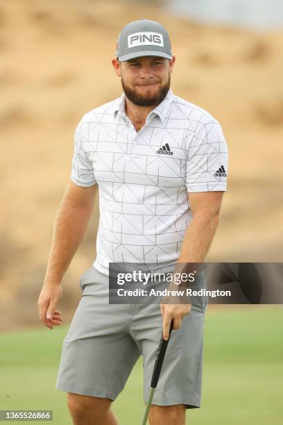 Tyrrell Hatton of England reacts during the Pro-Am prior to the Abu Dhabi HSBC Championship at Yas Links Golf Course on January 19, 2022 in Abu...