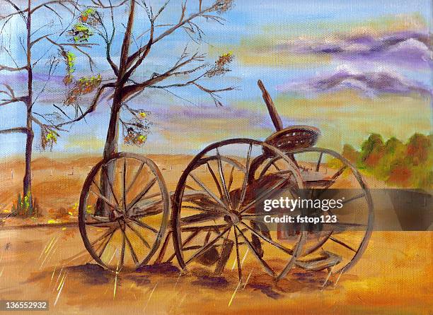 old plow - oil painting stock illustrations