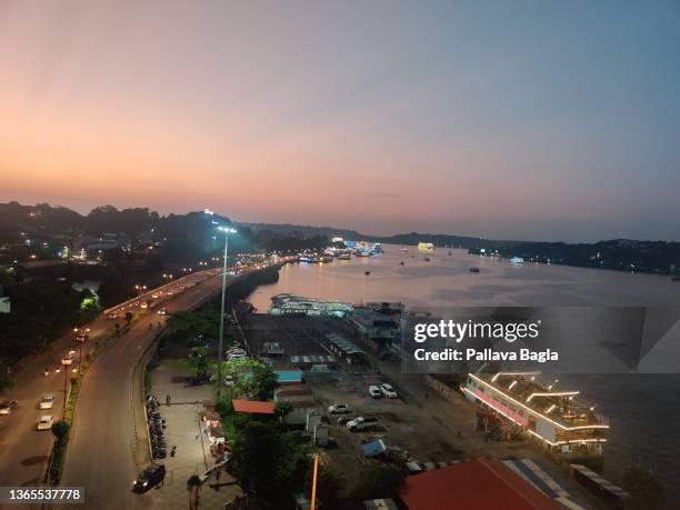 Night life and floating Casino seen in the night sky and grand view over the River Mandovi on December 12, 2021 in Goa, India.