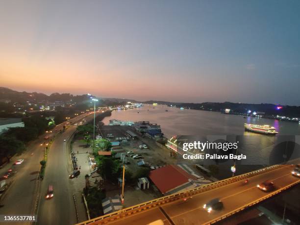Night life and floating Casino seen in the night sky and grand view over the River Mandovi on December 12, 2021 in Goa, India.