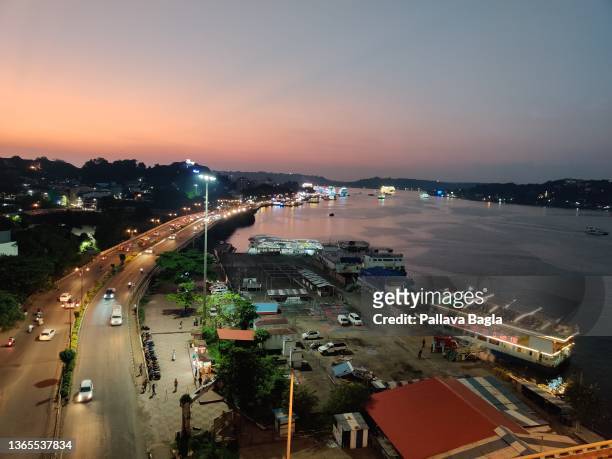 Night life and floating Casino seen in the night sky and grand view over the River Mandovi on December 12, 2021 in Goa, India.