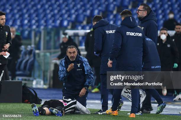 Ignacio Pussetto of Udinese collides with Lazio trainer Maurizio Sarri during the Lazio-Udinese match at the Stadio Olimpico. Roma , January 18th,...