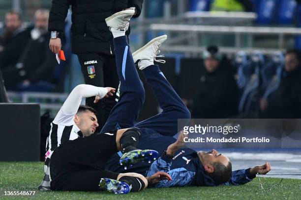 Ignacio Pussetto of Udinese collides with Lazio trainer Maurizio Sarri during the Lazio-Udinese match at the Stadio Olimpico. Roma , January 18th,...