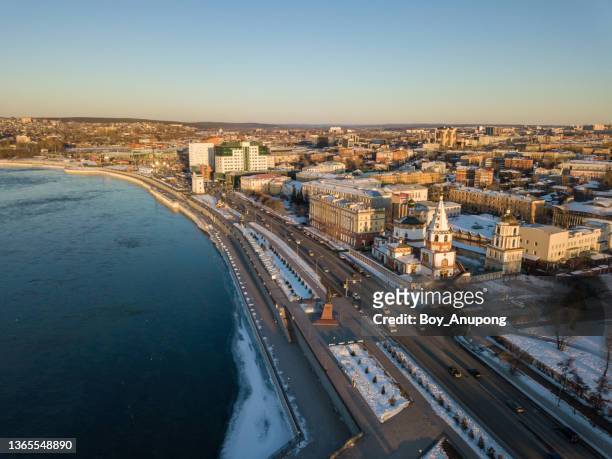 the waterfront of irkutsk cityscape with angara river in russia. - irkutsk stockfoto's en -beelden