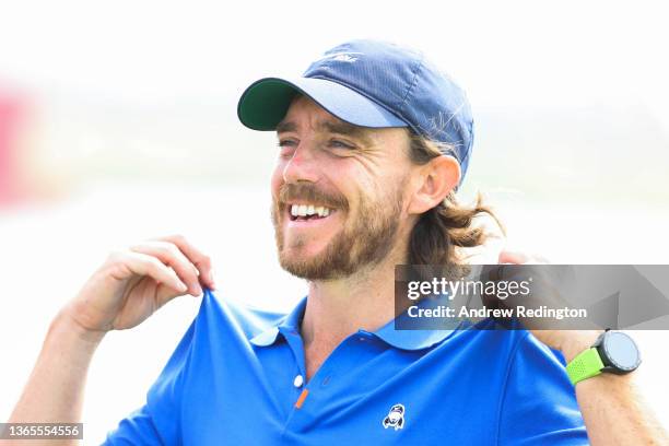 Tommy Fleetwood of England react during the Pro-Am prior to the Abu Dhabi HSBC Championship at Yas Links Golf Course on January 19, 2022 in Abu...