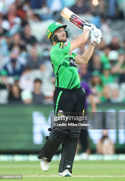 Joe Clarke of the Stars hits out during the Men's Big Bash League match between the Melbourne Stars and the Hobart Hurricanes at Melbourne Cricket...
