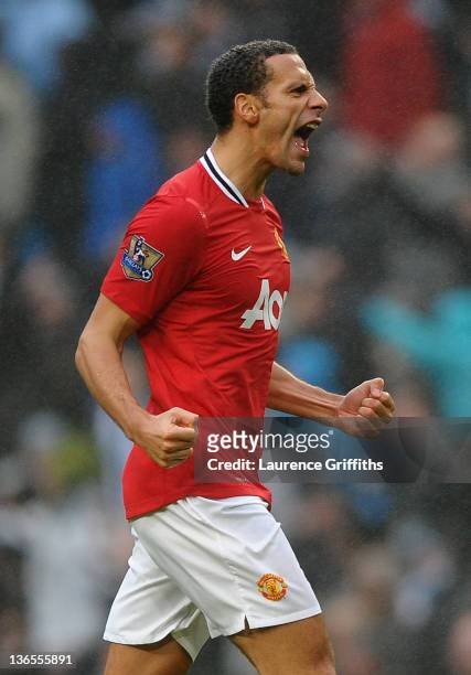 Rio Ferdinand of Manchester United celebrates his team's third goal during the FA Cup Third Round match between Manchester City and Manchester United...