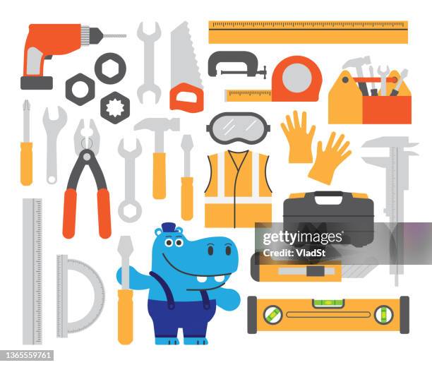 illustrations, cliparts, dessins animés et icônes de outils matériels handyman repairman mechanic maintenance toolbox jeu d’icônes - boîte à outils