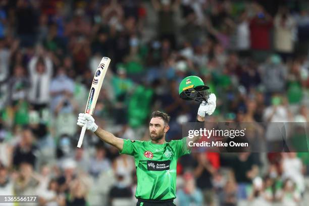 Glenn Maxwell of the Stars raises his bat after scoring 150 runs during the Men's Big Bash League match between the Melbourne Stars and the Hobart...