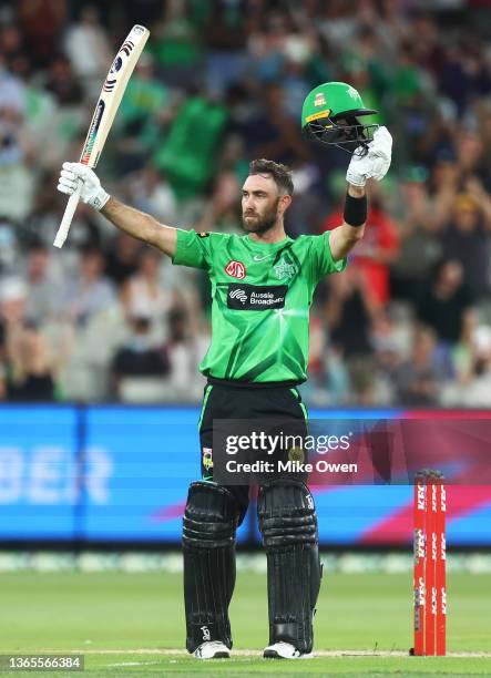 Glenn Maxwell of the Stars raises his bat after scoring 150 runs during the Men's Big Bash League match between the Melbourne Stars and the Hobart...