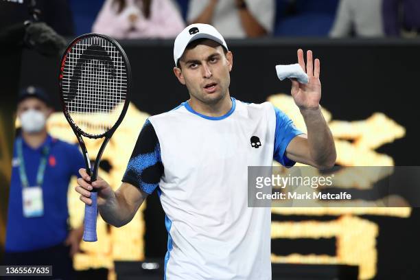 Aslan Karatsev of Russia celebrates match point in his second round singles match against Mackenzie McDonald of United States during day three of the...