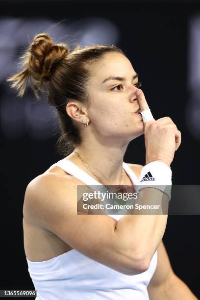 Maria Sakkari of Greece celebrates after winning match point in her second round singles match against Qinwen Zheng of China during day three of the...