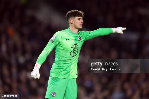 Chelsea goalkeeper Kepa Arrizabalaga instructs his team during the Premier League match between Brighton & Hove Albion and Chelsea at American...