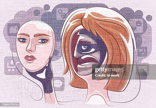 ilustraciones, imágenes clip art, dibujos animados e iconos de stock de villano escondiendo y sosteniendo la cara de la chica - dos caras