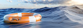 Orange rescue ring floating in the sea 3d render