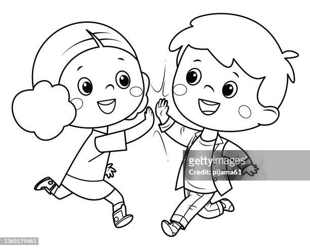 black and white, kids high five - adult coloring stock illustrations