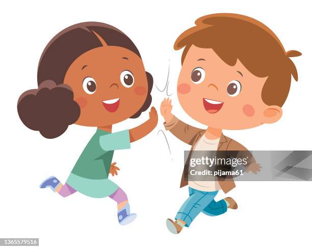 ilustraciones, imágenes clip art, dibujos animados e iconos de stock de alta cinco de los niños - boy and girl