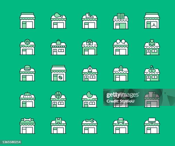 store buildings multicolor line icons - music shop stock illustrations