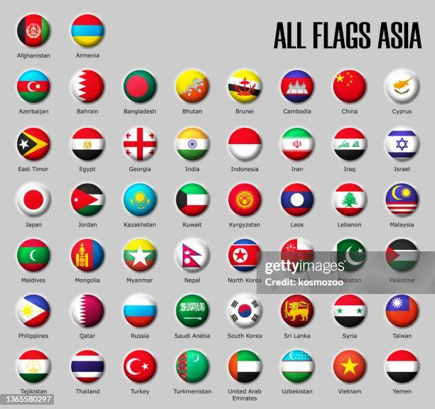 setzen sie flaggen asien auf glänzende kugel mit schatten mit namen - flaggen des nahen ostens stock-grafiken, -clipart, -cartoons und -symbole