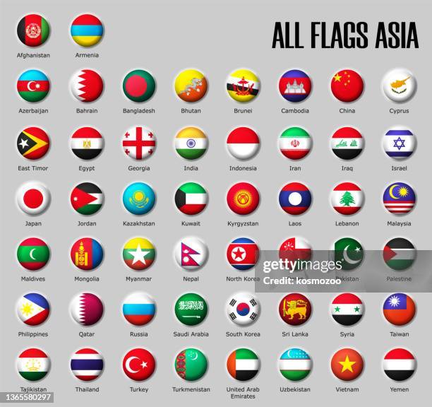 illustrazioni stock, clip art, cartoni animati e icone di tendenza di imposta le bandiere asia su sfera lucida con ombra con nomi - middle east flag