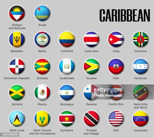ilustrações, clipart, desenhos animados e ícones de definir bandeiras caribenha em esfera brilhante com sombra com nomes - barbados