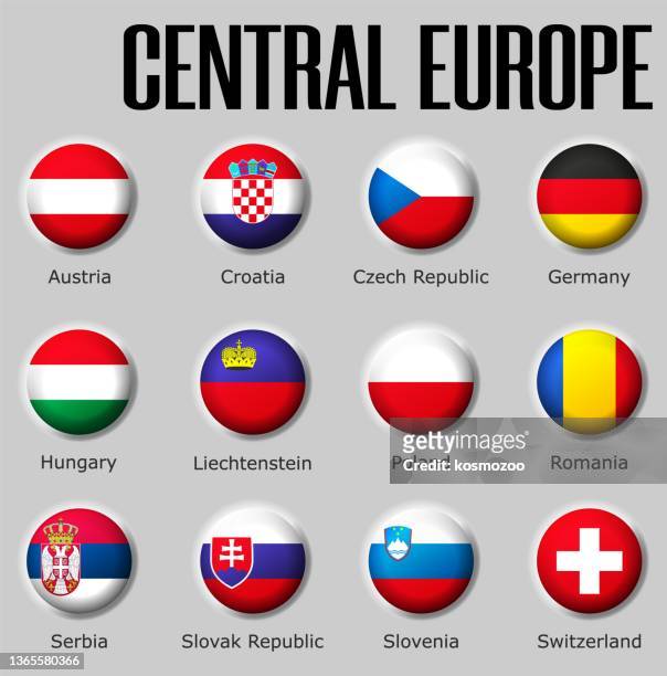 set flags central europe on glossy sphere with shadow with names - czech republic flag stock illustrations