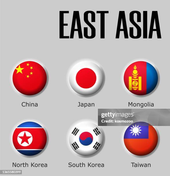 set flags east asia on glossy sphere with shadow with names - shiny ball with shadow stock illustrations