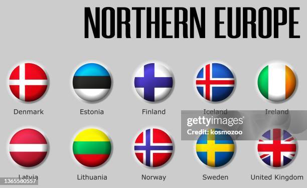 set flags northern europe on glossy sphere with shadow with names - scandinavia stock illustrations