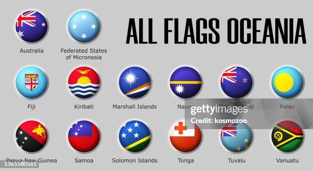 set flags oceania on glossy sphere with shadow with names - solomon islands stock illustrations