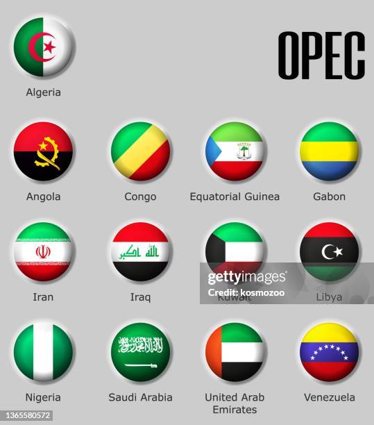 bildbanksillustrationer, clip art samt tecknat material och ikoner med set flags opec on glossy sphere with shadow with names - algeriska flaggan