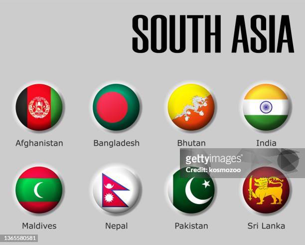set flags south asia on glossy sphere with shadow with names - sri lankan flag stock illustrations