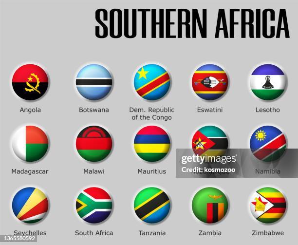 ilustrações, clipart, desenhos animados e ícones de definir bandeiras do sul da áfrica em esfera brilhante com sombra com nomes - bandeira de zimbabué