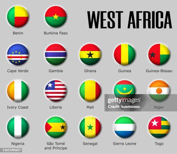 ilustrações, clipart, desenhos animados e ícones de definir bandeiras áfrica ocidental em esfera brilhante com sombra com nomes - mali