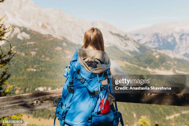 female traveler hiking in the dolomites alps mountains with her dog in backpack - dog backpack stock pictures, royalty-free photos & images