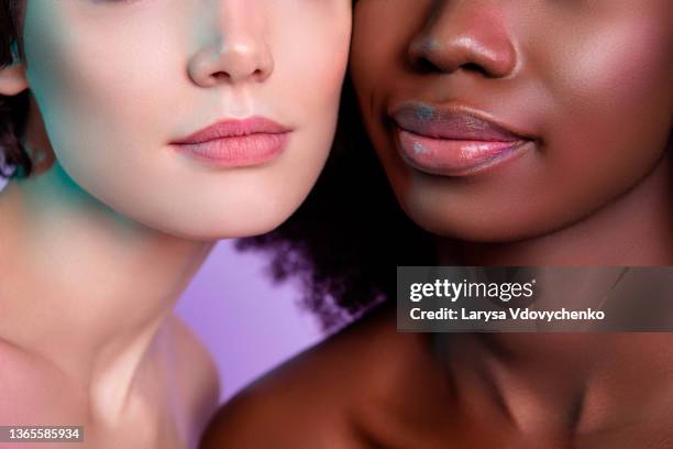 close up cropped portrait of charming different persons couple tempting lips wear nothing pure aesthetic - medical procedure stock pictures, royalty-free photos & images