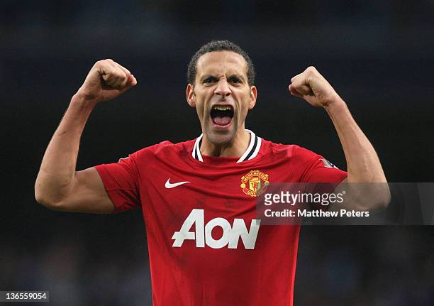 Rio Ferdinand of Manchester United celebrates after the FA Cup Third Round match between Manchester City and Manchester United at Etihad Stadium on...