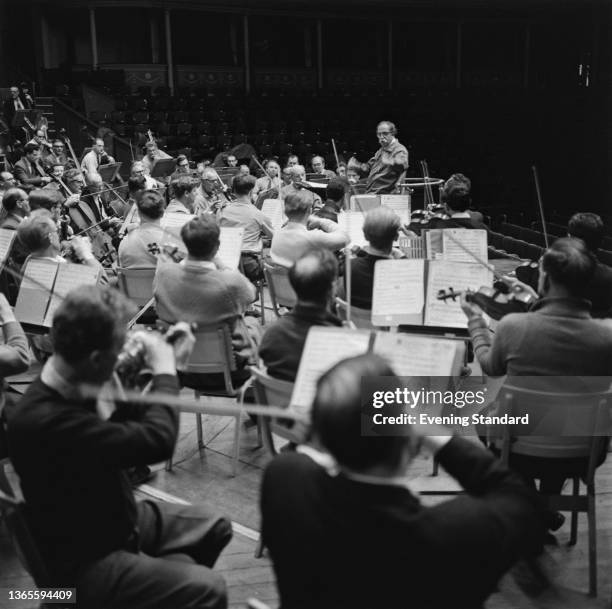 French-American conductor Pierre Monteux conducts rehearsals at the Royal Albert Hall in London, UK, 31st May 1963. Earlier that month he had led the...
