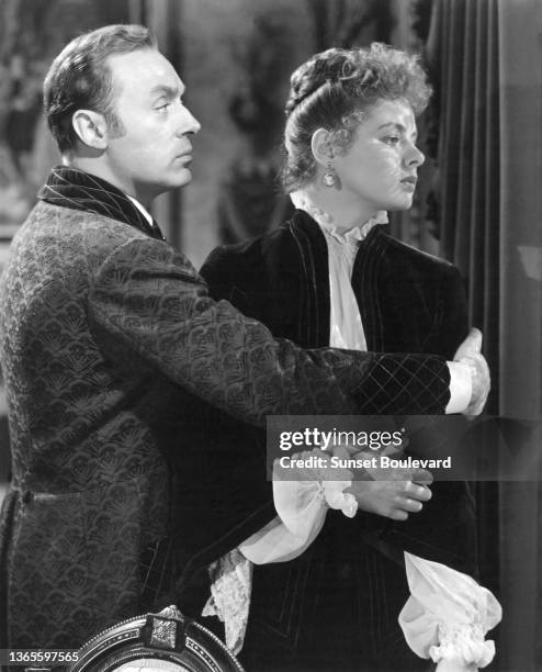 Charles Boyer and Ingrid Bergman on the set of "Gaslight" directed by George Cukor.