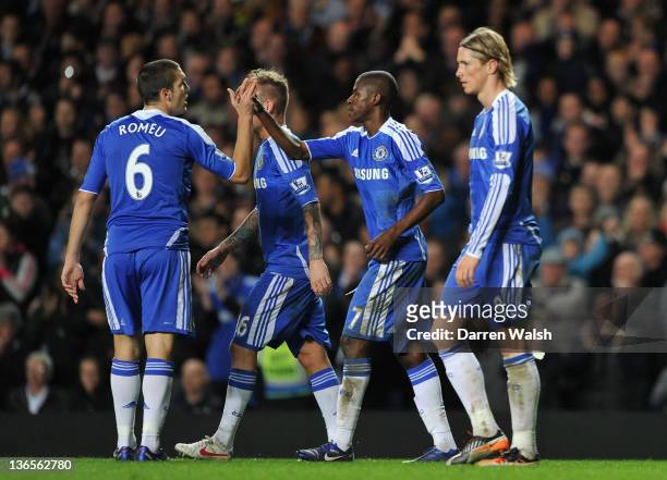 Oriol Romeu of Chelsea congratulates Ramires of Chelsea on scoring their second goal during the Budweiser sponsored FA Cup third round match between...