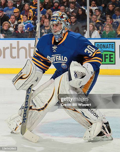 Ryan Miller of the Buffalo Sabres tends goal against the Edmonton Oilers at First Niagara Center on January 3, 2012 in Buffalo, New York.