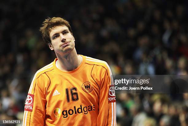 Goalkeeper Carsten Lichtlein of Germany looks on during the International handball friendly match between Germany and Hungary at Getec-Arena on...