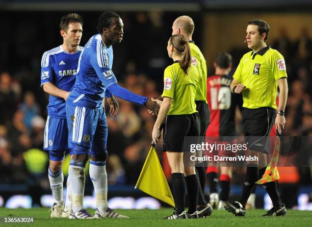 Romelu Lukaku of Chelsea shakes hands with assitant referee Sian Massey at the final whistle during the Budweiser sponsored FA Cup third round match...