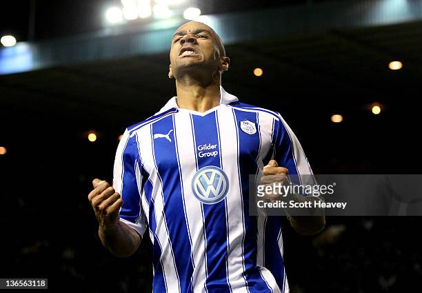Chris O'Grady of Sheffield Wednesday celebrates after scoring the opening goal during the FA Cup Third Round match between Sheffield Wednesday and...