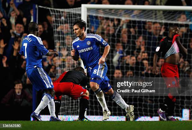 Frank Lampard of Chelsea celebrates as he scores their fourth goal during the FA Cup sponsored by Budweiser Third Round match between Chelsea and...