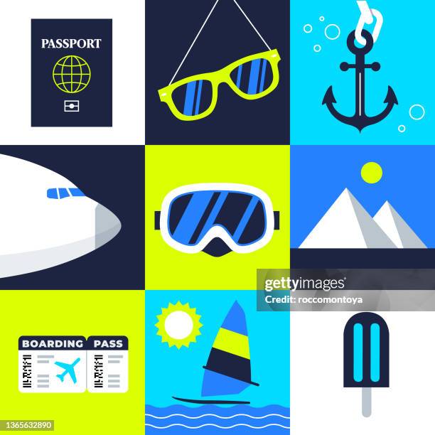 ilustrações, clipart, desenhos animados e ícones de composição de viagem - windsurfe