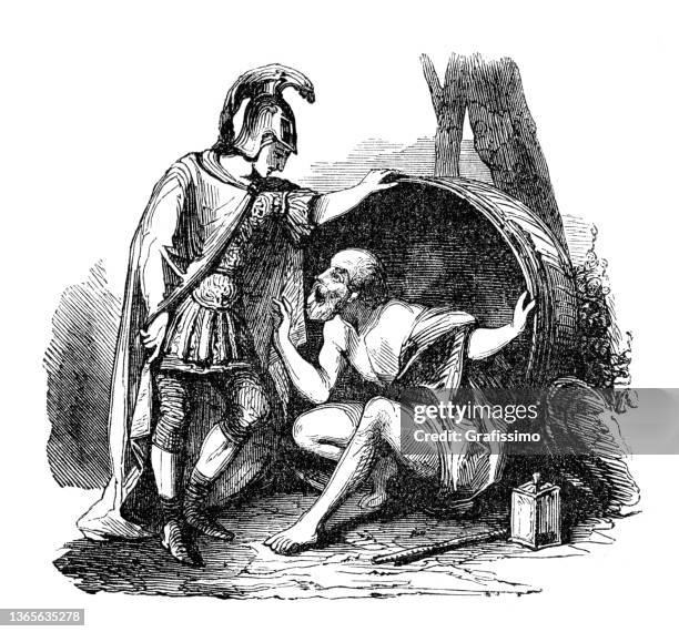 diogenes von sinope im weinfass im gespräch mit alexander dem großen - diogenes of sinope stock-grafiken, -clipart, -cartoons und -symbole