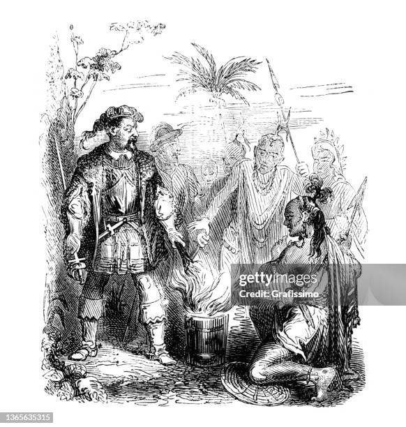 christopher columbus arriving in america talking to tribal chief - christopher columbus explorer stock illustrations