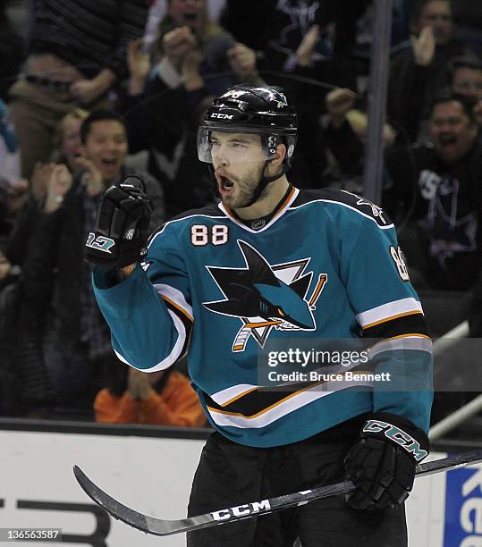 Brent Burns of the San Jose Sharks celebrates his power play goal at 19:51 of the second period against the Washington Capitals at the HP Pavilion at...