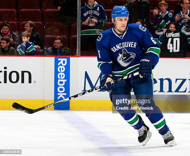 Sami Salo of the Vancouver Canucks skates up ice during their NHL game against the Minnesota Wild at Rogers Arena January 4, 2012 in Vancouver,...